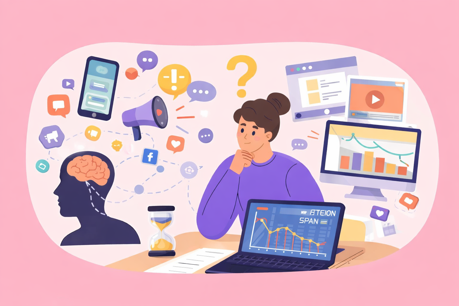 Person working from home at a desk with a laptop, on a video call, with a dog nearby and clothes hanging in the background. Messages and icons float around, showing online communication.